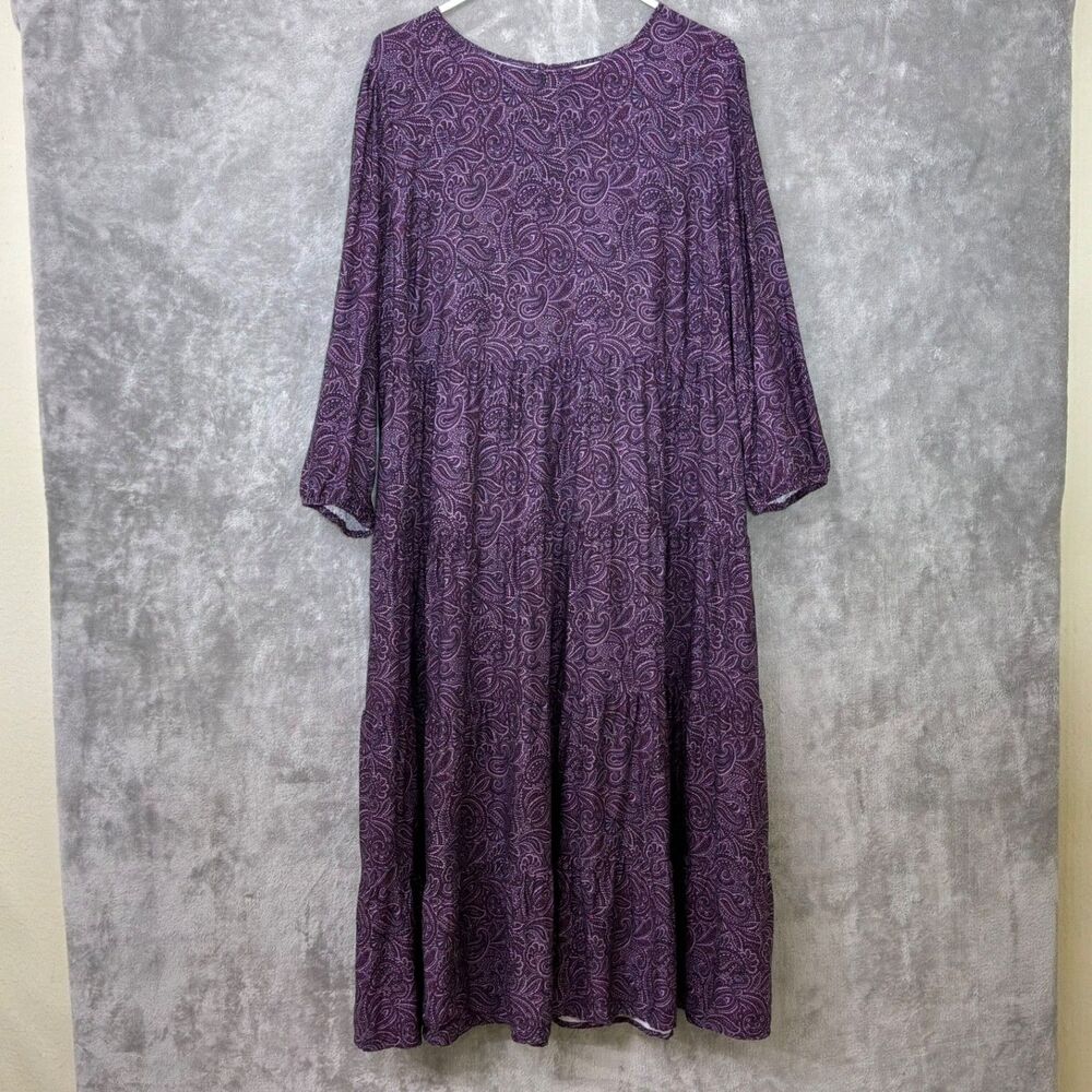 J. Jill Dress women’s L Purple Paisley 3/4 Puff Sleeve Midi  Boho cottage tiered
